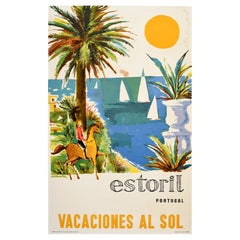 Original Vintage Travel Poster Estoril Portugal Holidays In The Sun Beach Design