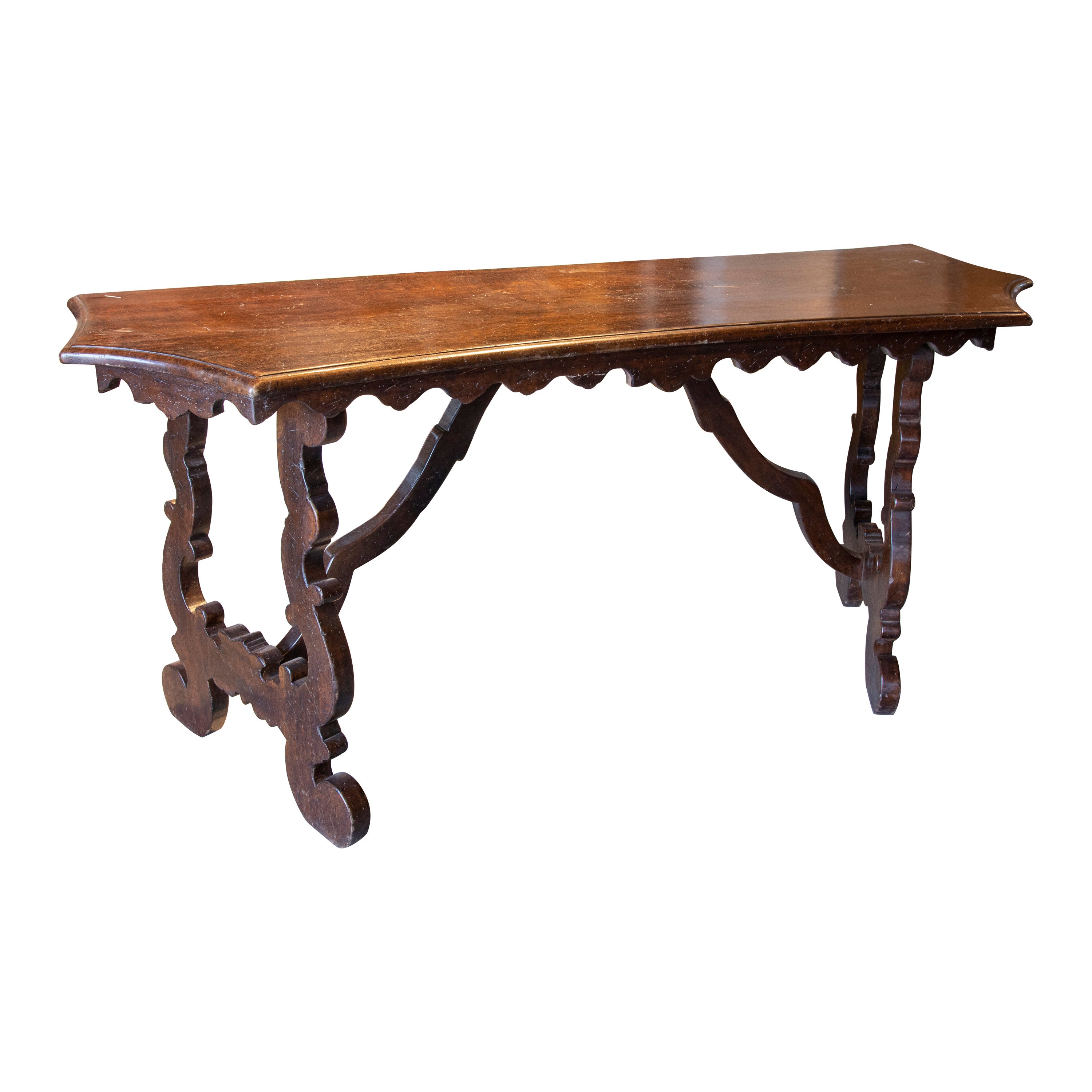 Italian Hand Carved Walnut Wall Console Table For Sale