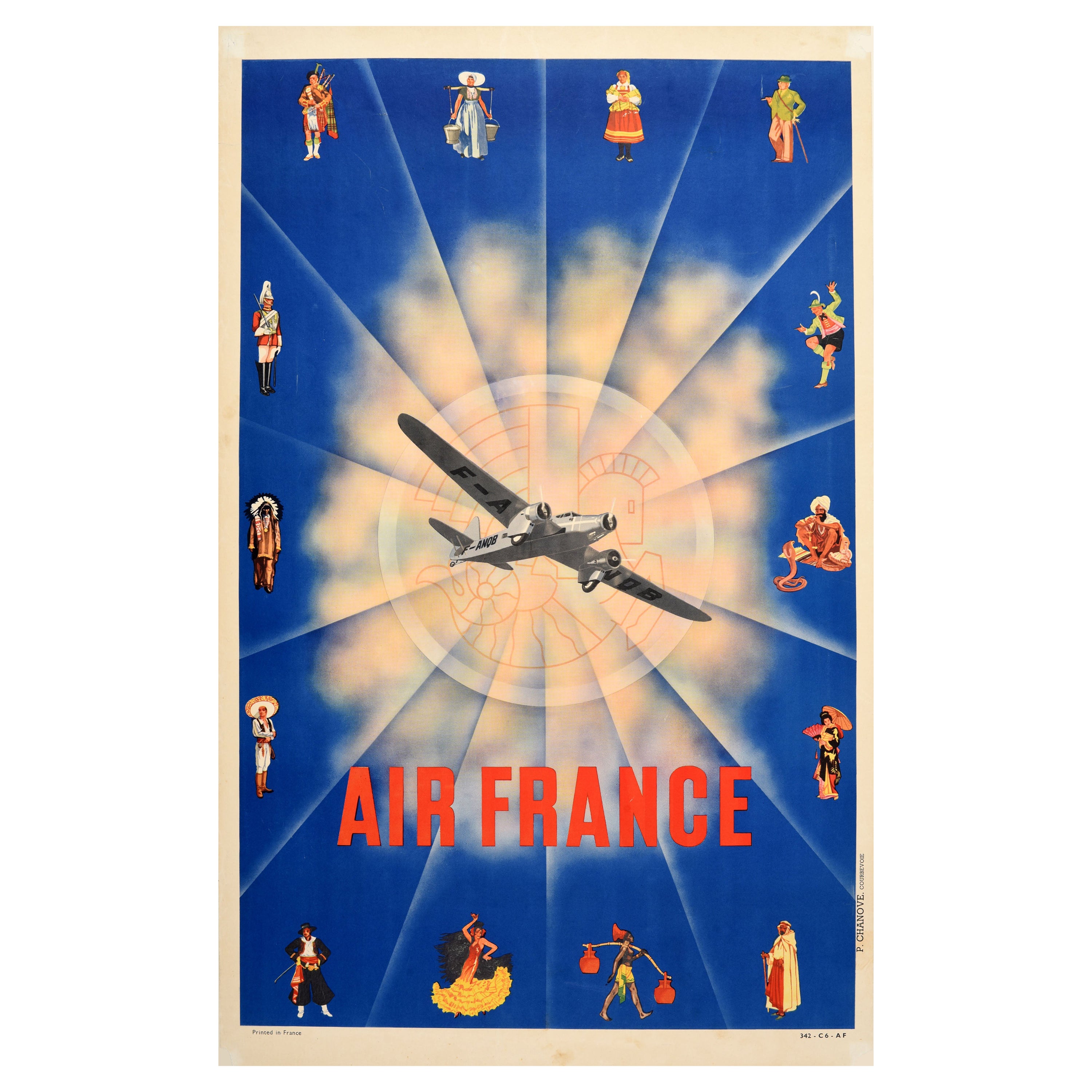 Original Vintage Travel Advertising Poster Air France Art Deco National Clothing For Sale