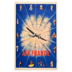 Original Vintage Travel Advertising Poster Air France Art Deco National Clothing