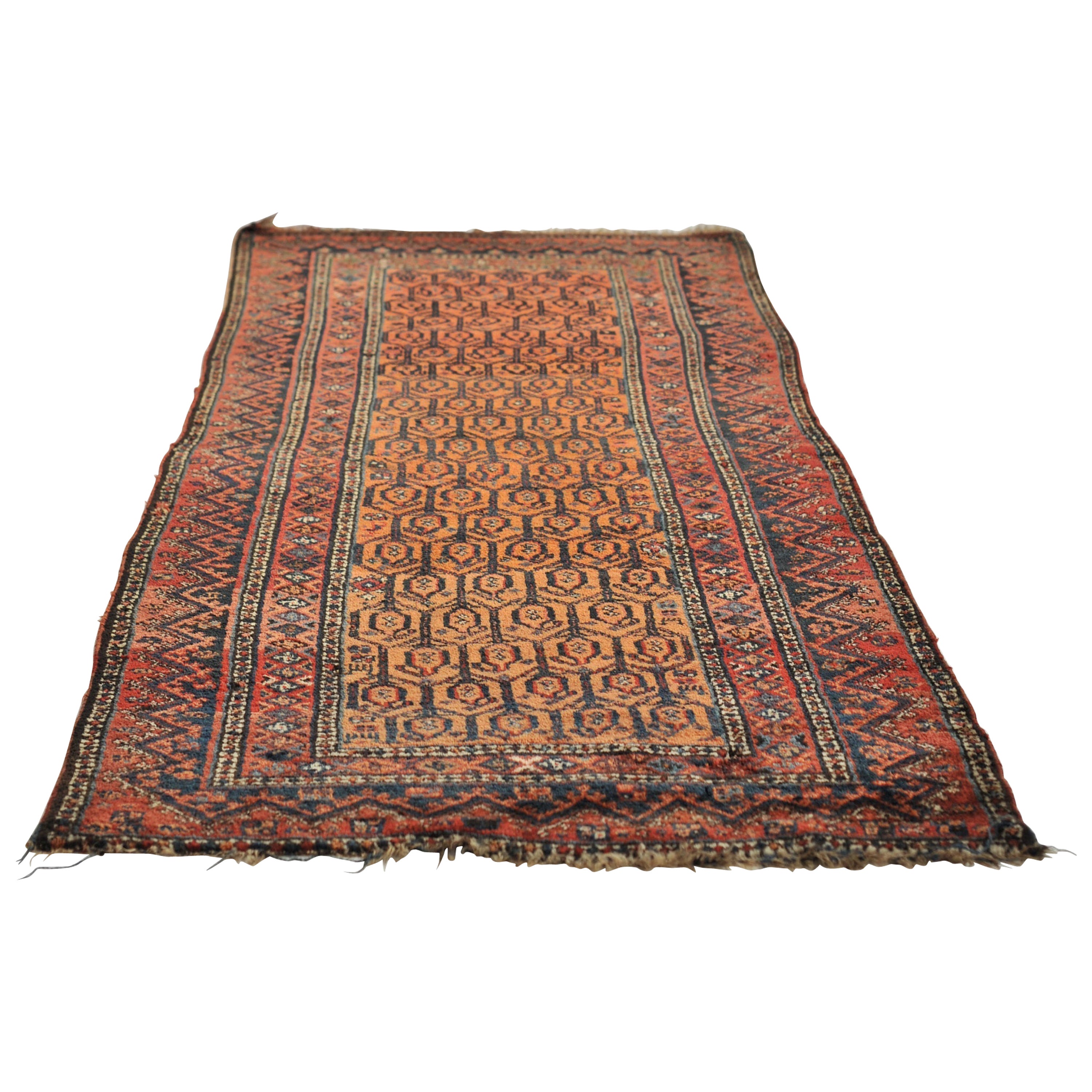 Tapis de couloir vintage en laine pelucheuse avec motif Boteh abricot, vers les années 1940 en vente