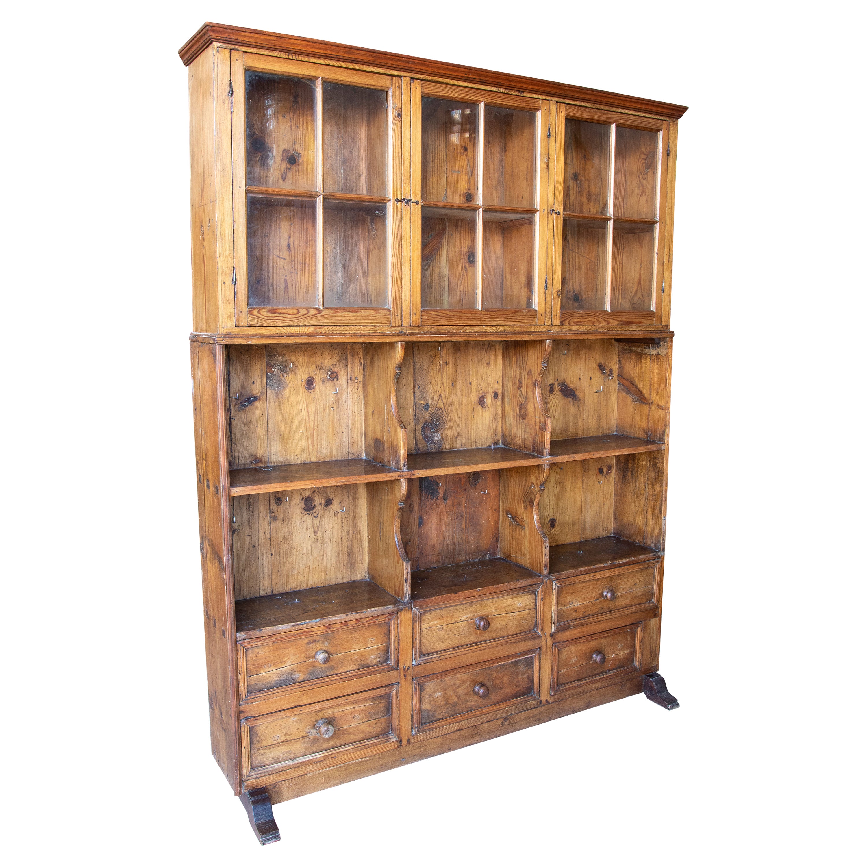 Rustic Kitchen Display Cabinet with Doors, Shelves and Drawers in the Lower Part For Sale