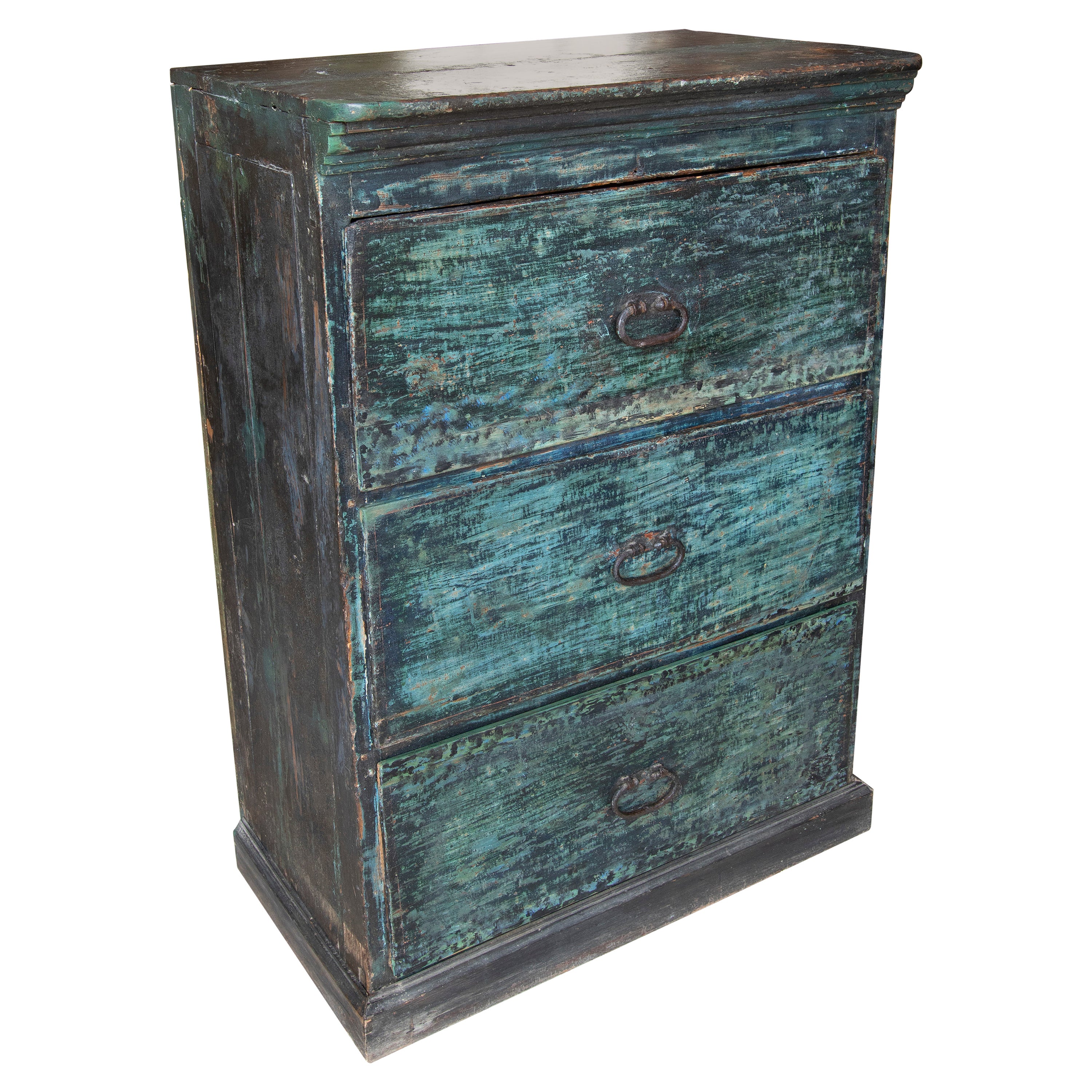 Chest of Drawers in Polychromed Wood in Blue Tones with Iron Handles For Sale