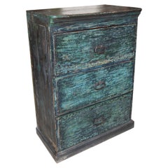 Chest of Drawers in Polychromed Wood in Blue Tones with Iron Handles