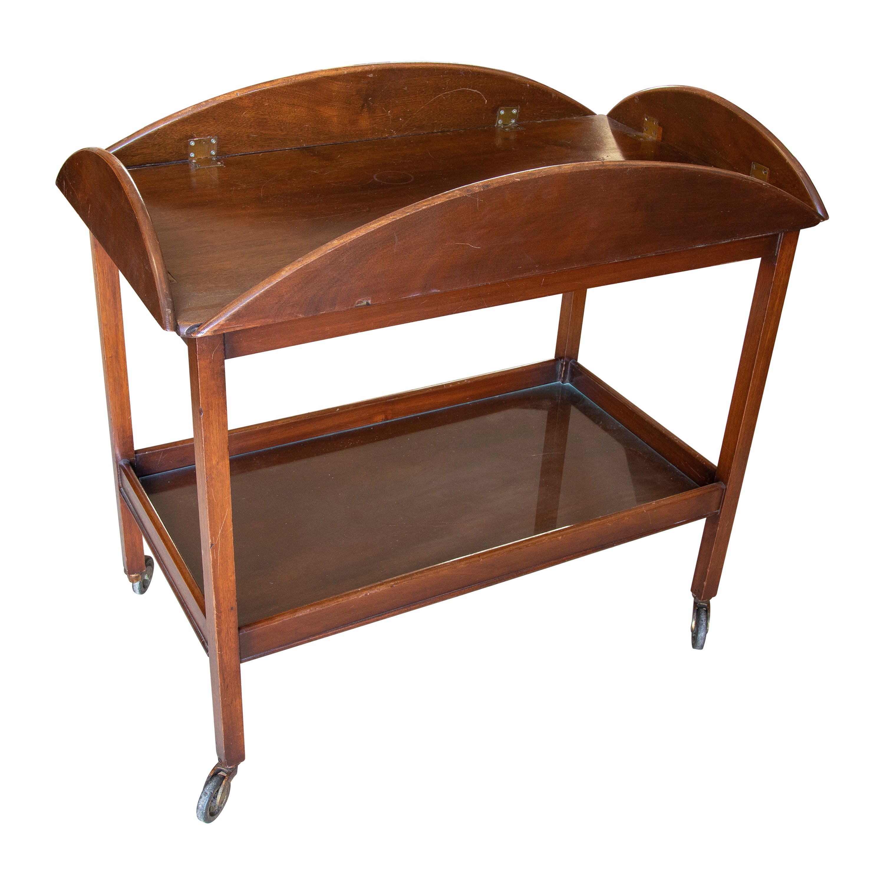 English Mahogany Trolley with Wheels and Folding Tray on Top For Sale