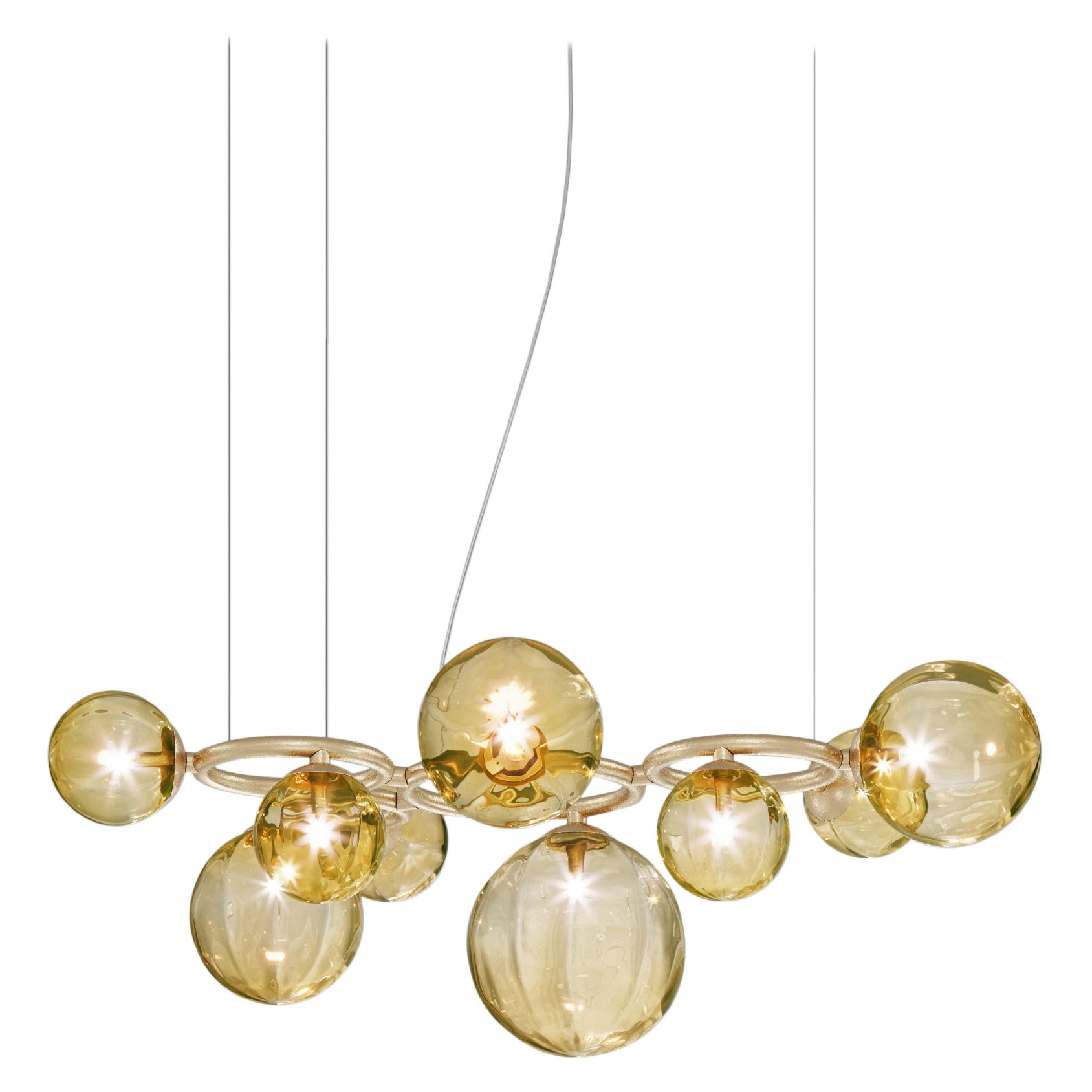 Vistosi-Pendelleuchte aus bernsteinfarbenem, transparentem Glas und mattem Goldrahmen