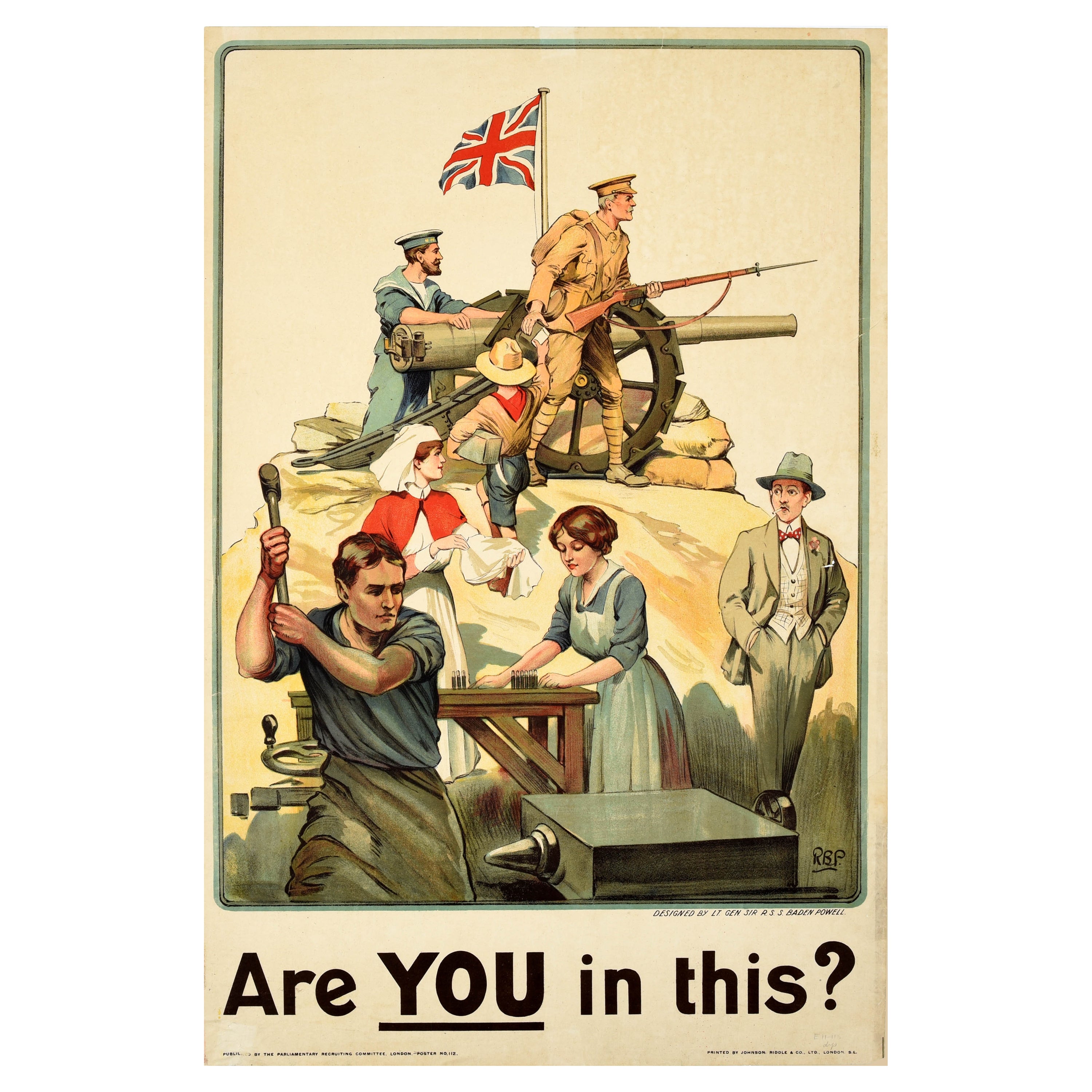 Original Antique British War Recruitment Propaganda Poster Are You In This WWI For Sale