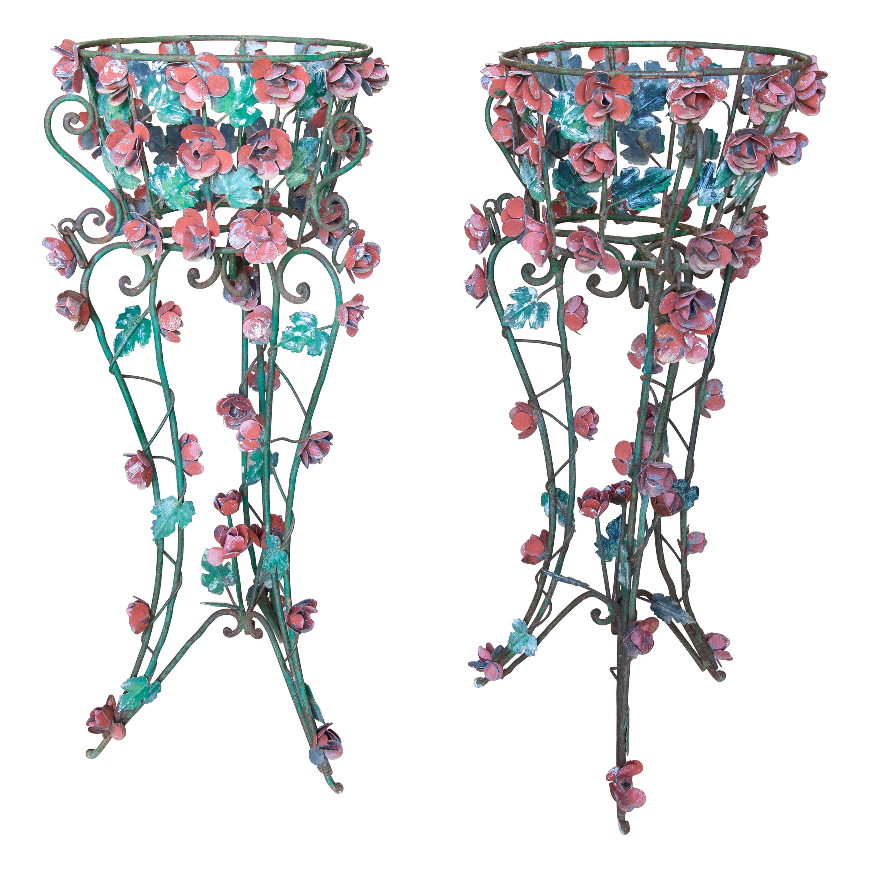  French  Pair of Hand-Painted Iron and Metal Supports for Planters