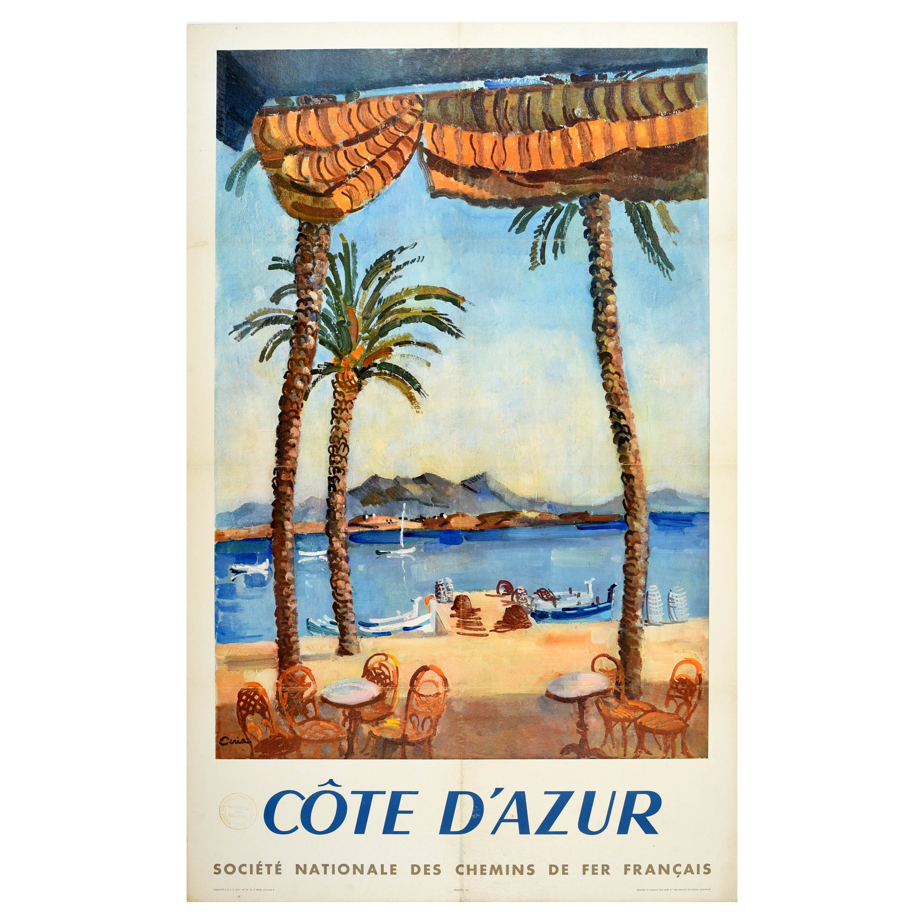 Original Vintage Railway Travel Poster French Riviera Cote d'Azur Ceria SNCF Art For Sale