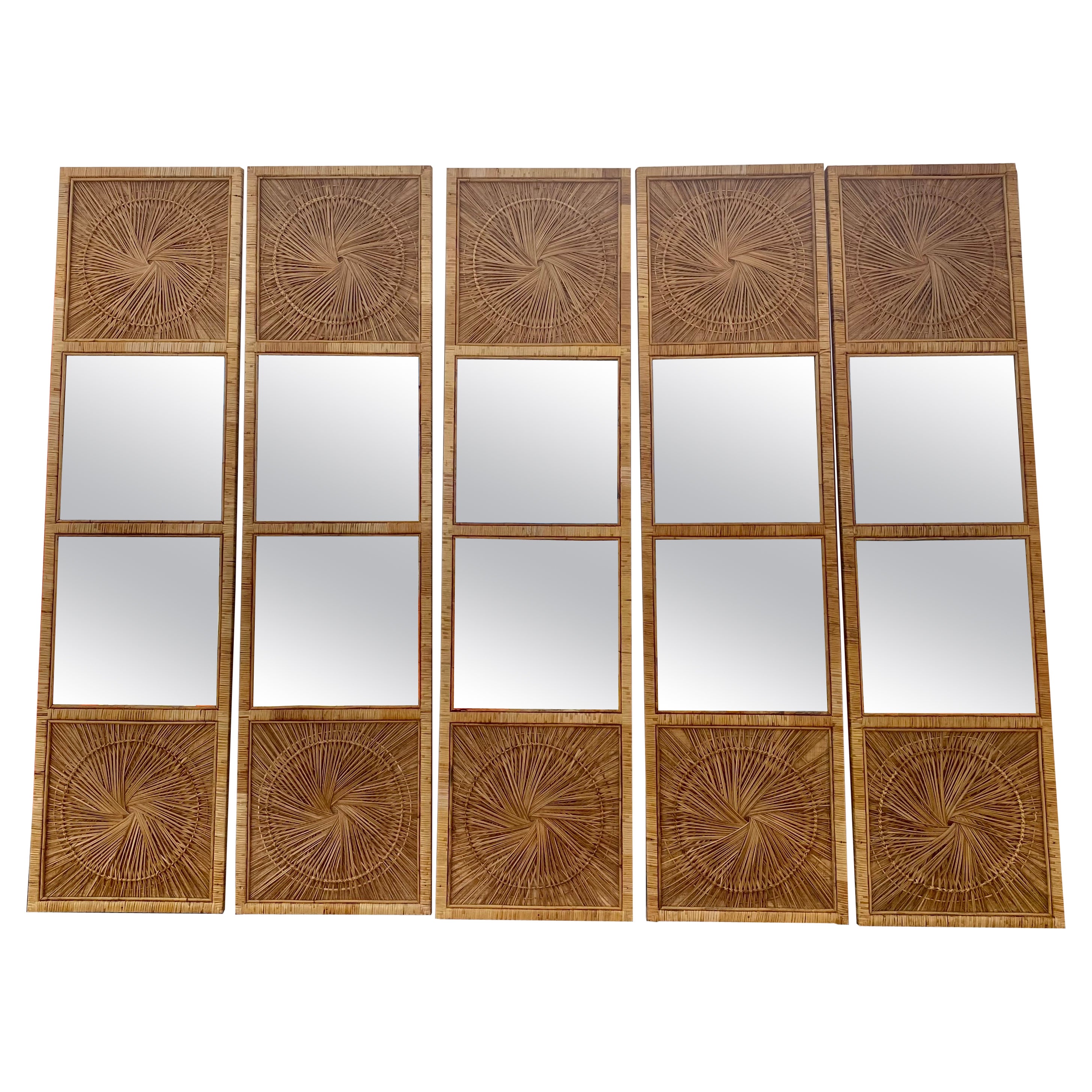 1970s Monumental Rattan Wicker Sunburst Wall Floor Mirror Panels