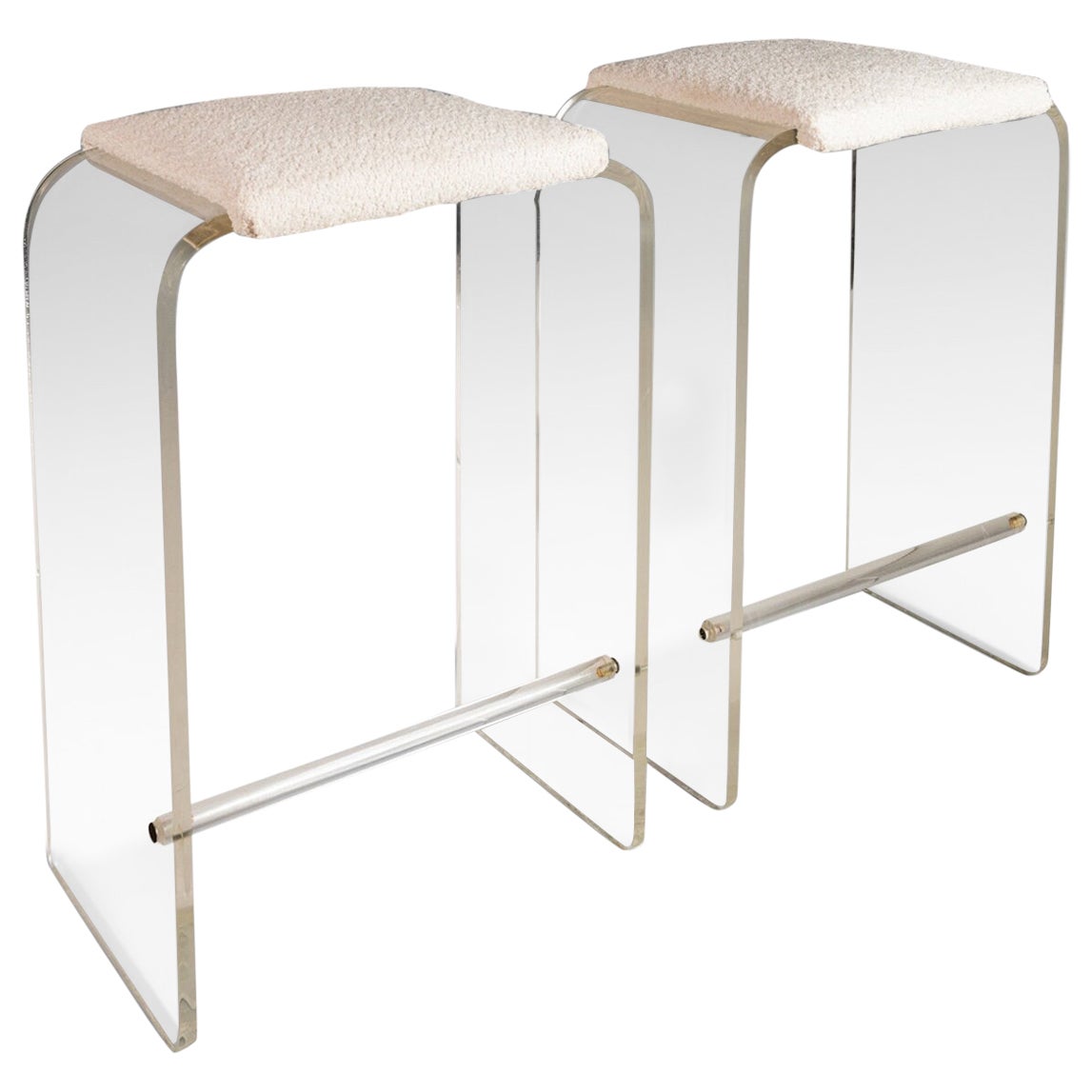 Set of Two ( 2) Waterfall Shaped Lucite Barstools in Bouclé After Charles Hollis For Sale
