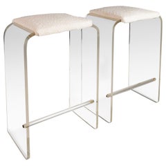 Set of Two ( 2) Waterfall Shaped Lucite Barstools in Bouclé After Charles Hollis