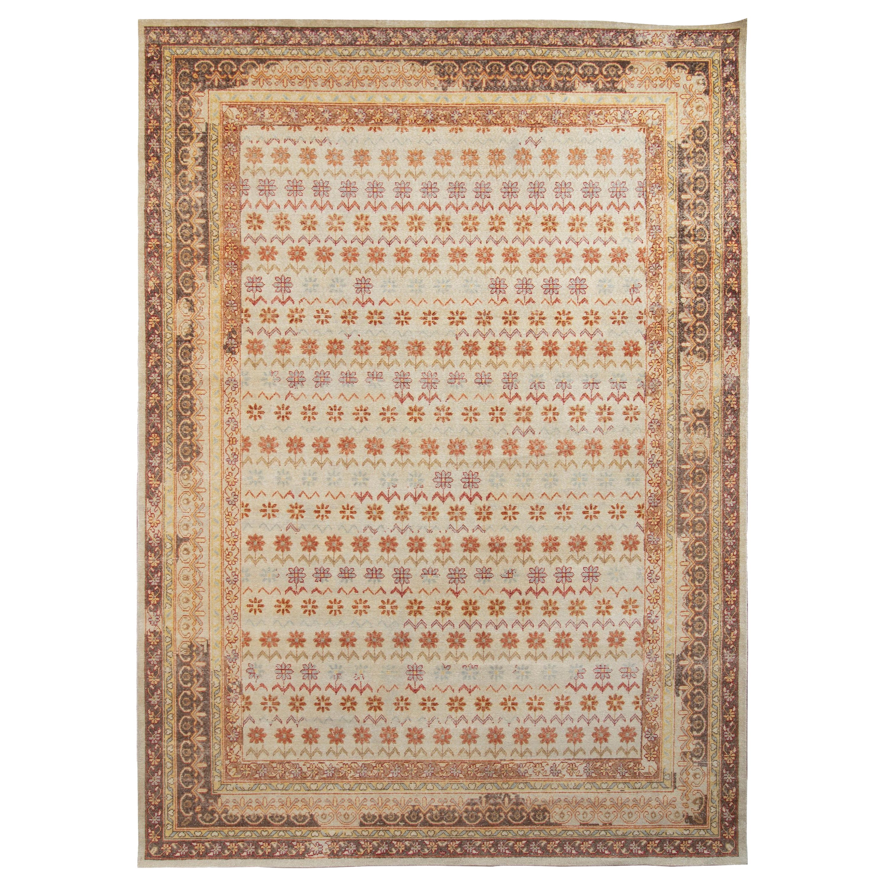 Rug & Kilim’s Distressed Style Rug in Beige-Brown and Red Floral Pattern For Sale