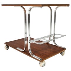 Retro Mid Century Modern Walnut & Chrome Petite Bar Cart in the Manner of Bernhardt