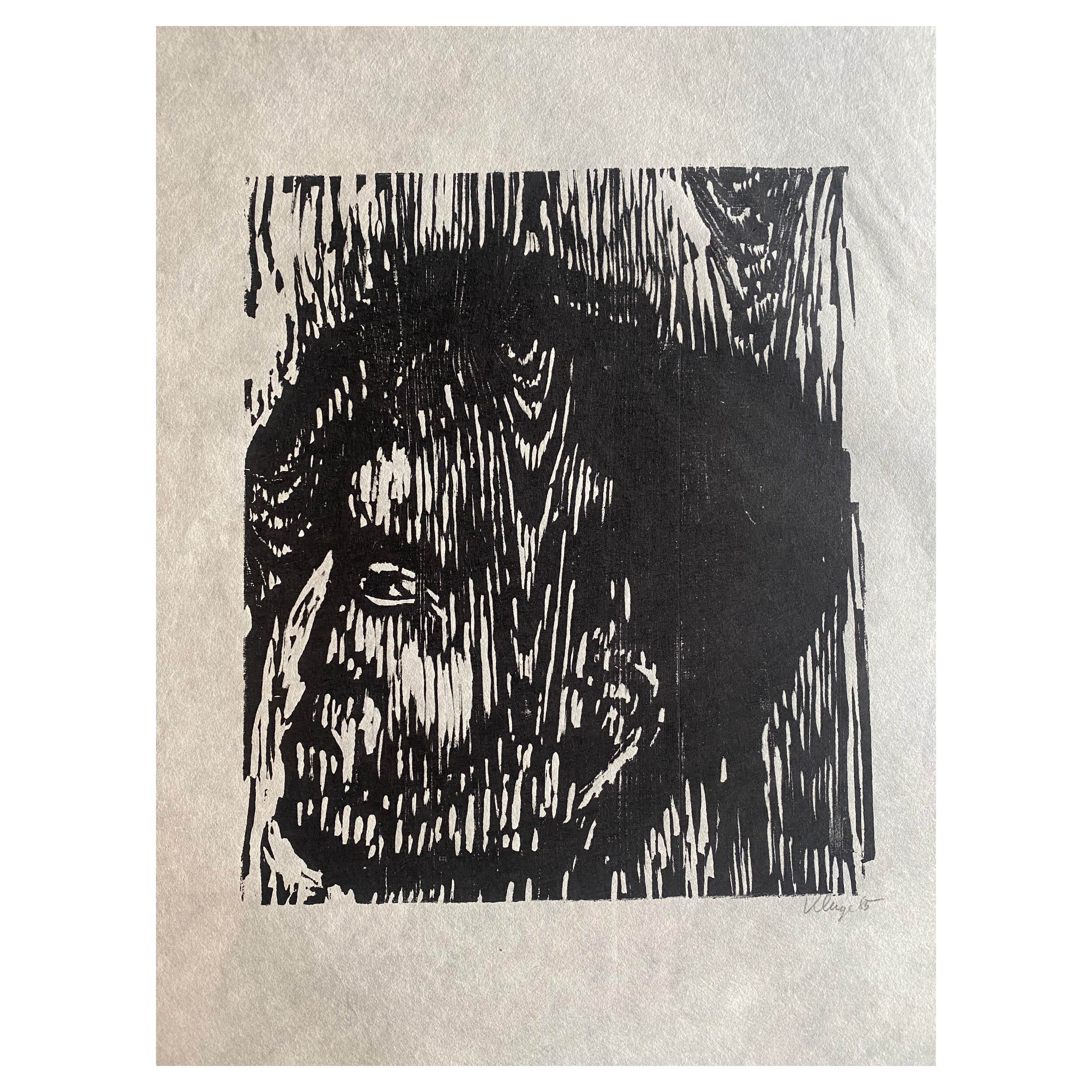 Schwarzer und weißer Holzschnitt auf Japanpapier, signiert Gustav Kluge „Supported Head“ im Angebot