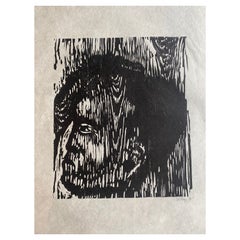 Xilografia in bianco e nero su carta giapponese firmata Gustav Kluge "Testa sostenuta".