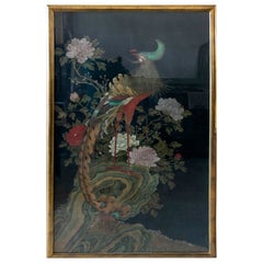 1950s Hand-Painted Painting of a Bird in Oriental Style, Signed