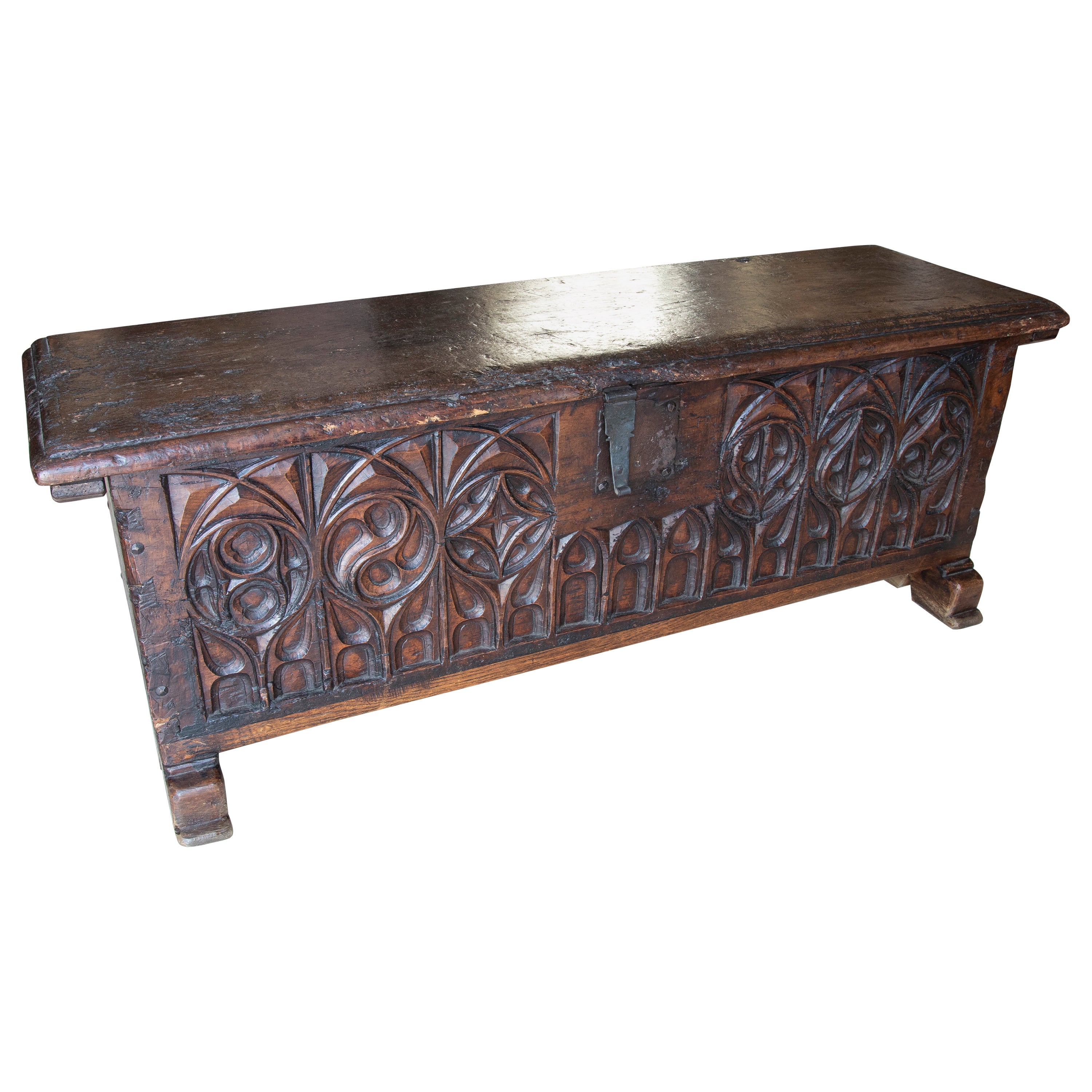 19th Century Spanish Hand Carved Wooden Chest in Neogothic Style