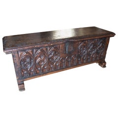 Antique 19th Century Spanish Hand Carved Wooden Chest in Neogothic Style