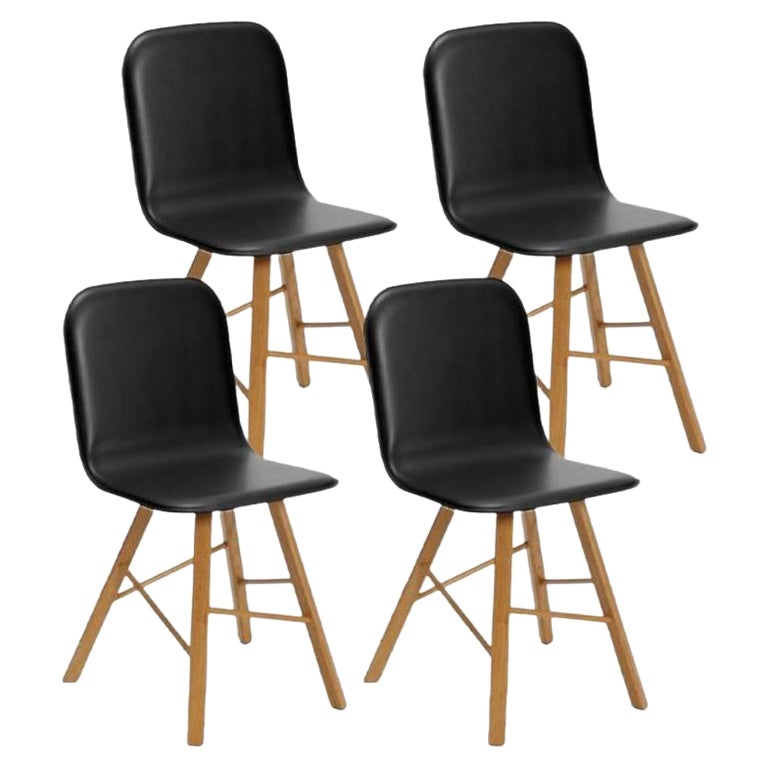 Set of 4, Tria Simple Chair Upholstered, Black Leather, Oak Legs by Colé Italia For Sale