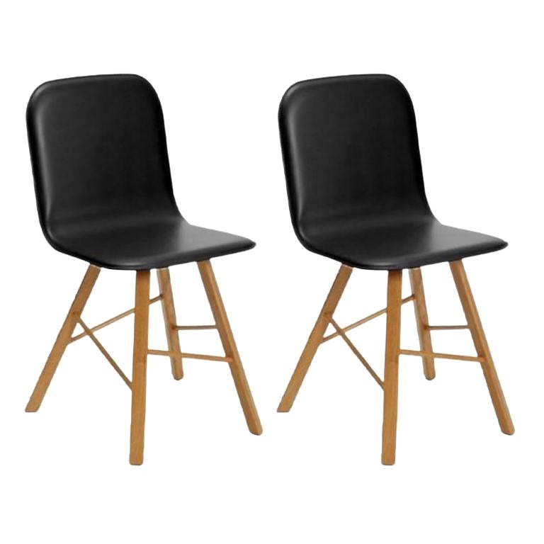 Set of 2, Tria Simple Chair Upholstered, Black Leather, Oak Legs by Colé Italia For Sale