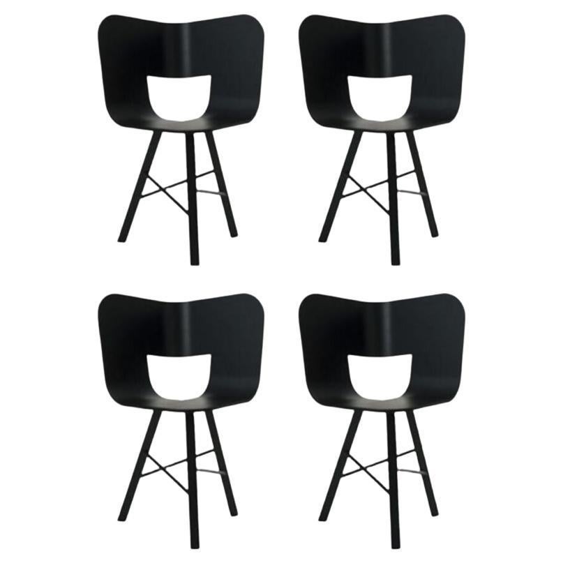 Set of 4, Tria Wood 3 Legs Chair, Black Open Pore Seat by Colé Italia