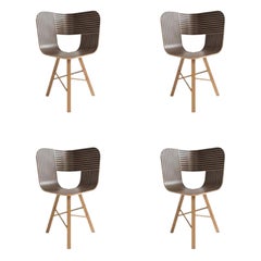 Set of 4, Tria Wood 3 Legs Chair, Striped Seat Ivory and Black by Colé Italia