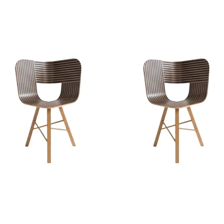 Set of 2, Tria Wood 3 Legs Chair, Striped Seat Ivory and Black by Colé Italia For Sale
