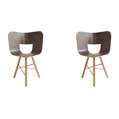 Set of 2, Tria Wood 3 Legs Chair, Striped Seat Ivory and Black by Colé Italia