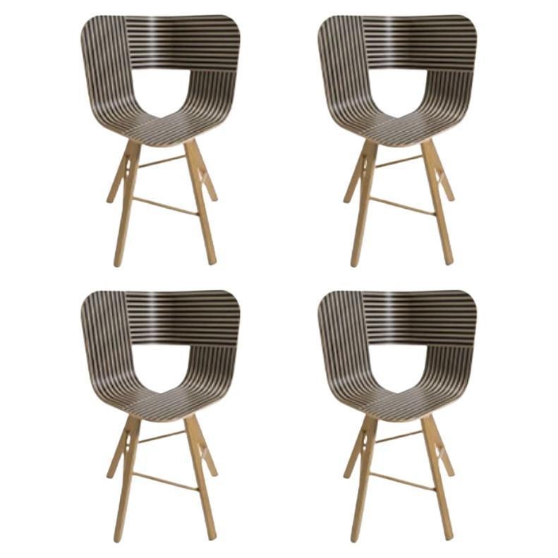 Set of 4, Tria Wood 4 Legs Chair, Striped Seat Ivory and Black by Colé Italia