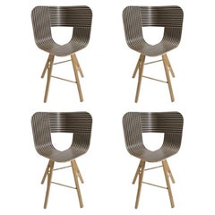 Set of 4, Tria Wood 4 Legs Chair, Striped Seat Ivory and Black by Colé Italia