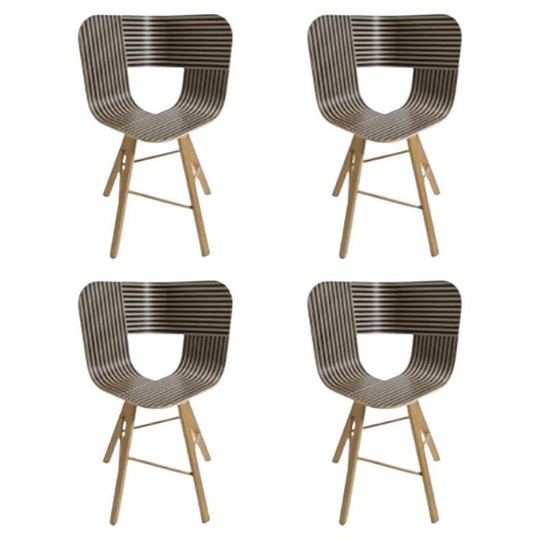 Set of 4, Tria Wood 4 Legs Chair, Striped Seat Ivory and Black by Colé