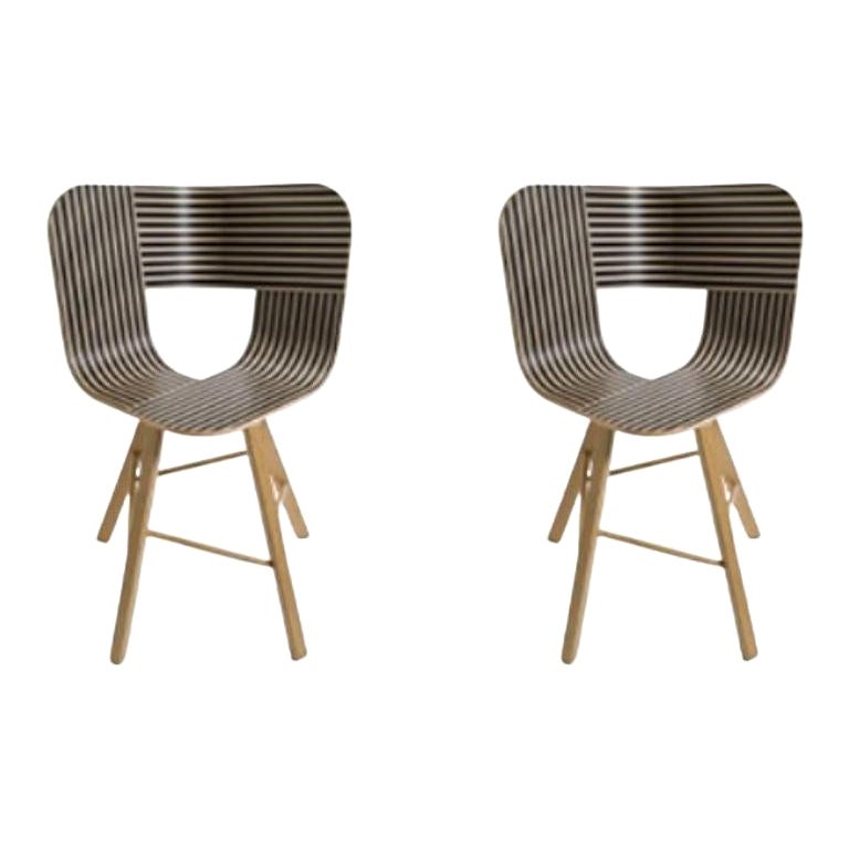 Set of 2, Tria Wood 4 Legs Chair, Striped Seat Ivory and Black by Colé Italia For Sale