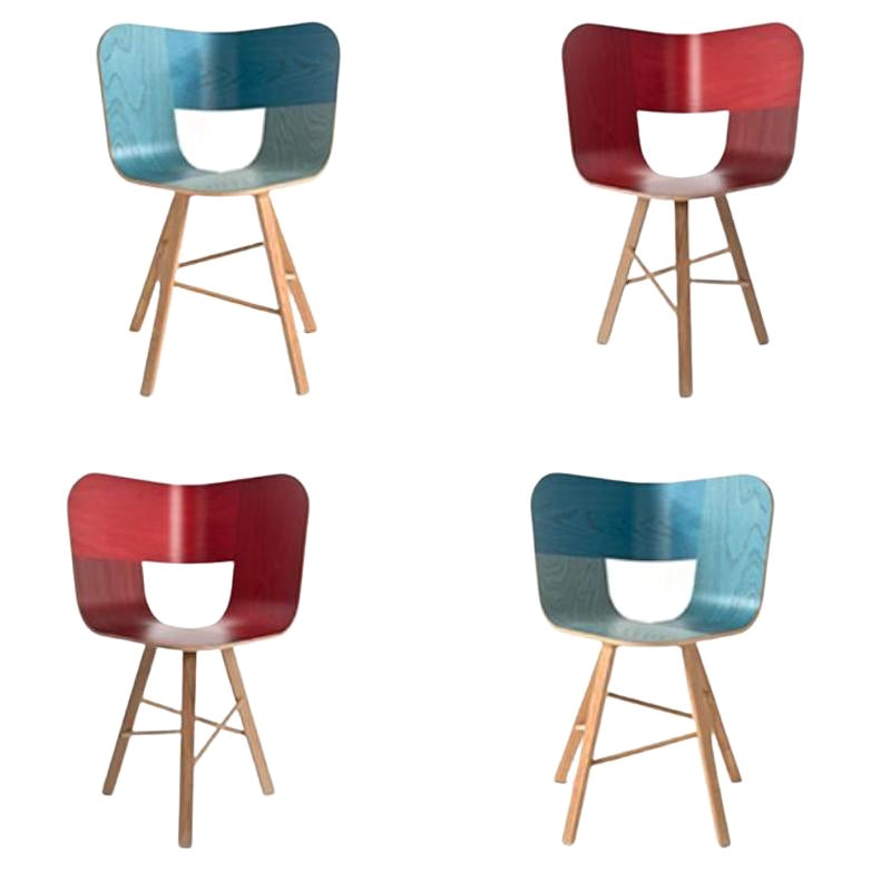 Set of 4, Tria Wood 4 Legs Chair, Denim & 3 Legs Red by Colé Italia For Sale