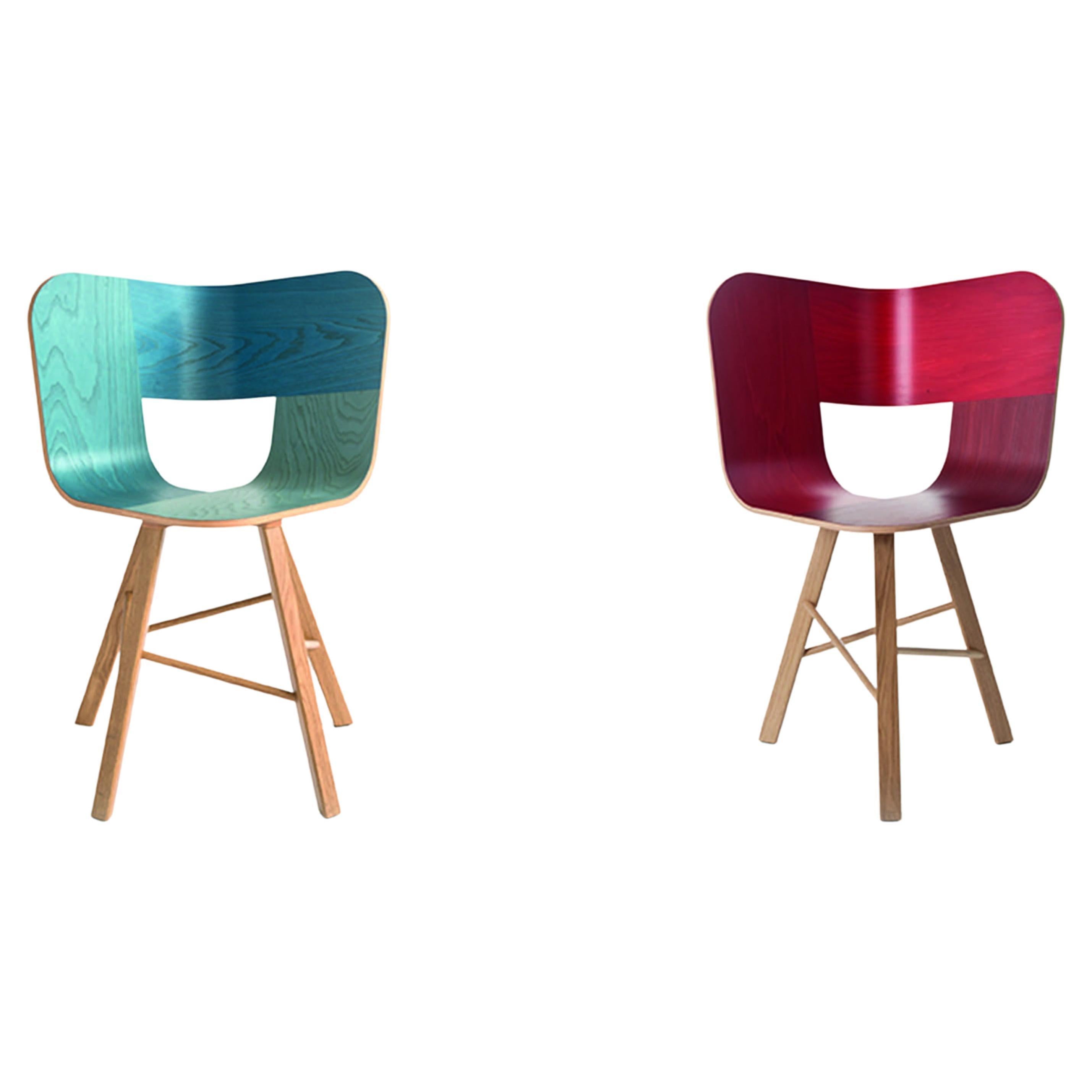 Set of 2, Tria Wood 4 Legs Chair, Denim & 3 Legs Red by Colé Italia For Sale