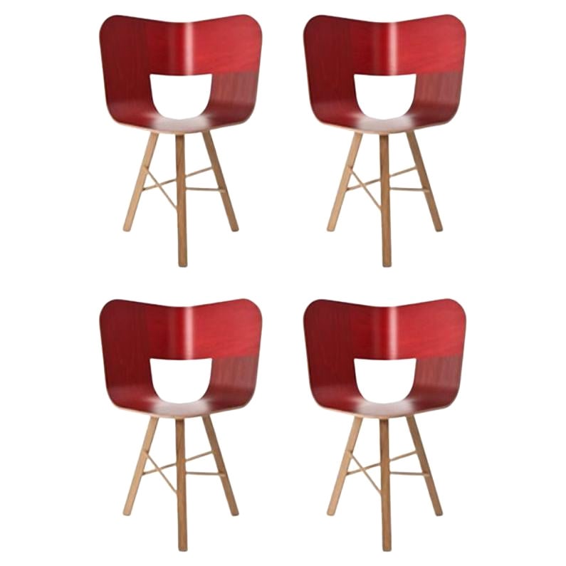 Set of 4, Tria Wood 3 Legs Chair, Red by Colé Italia For Sale
