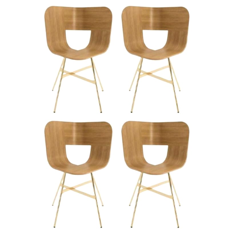 Set of 4, Tria Gold 4 Legs Chair, Natural Oak Seat by Colé Italia For Sale
