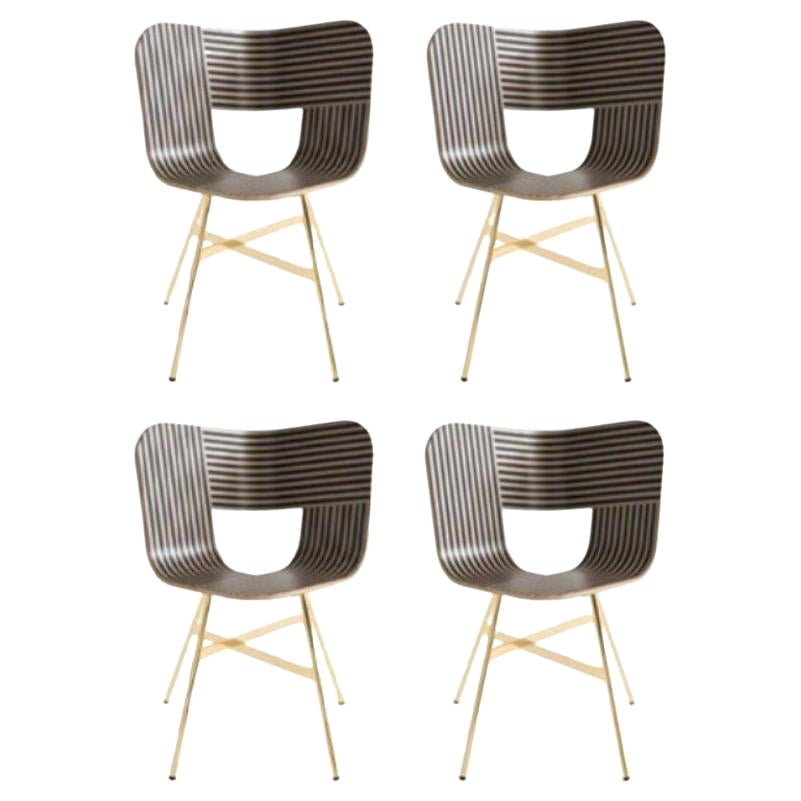 Set of 4, Tria Gold 4 Legs Chair, Striped Seat Ivory and Black by Colé Italia