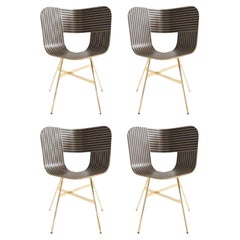Set of 4, Tria Gold 4 Legs Chair, Striped Seat Ivory and Black by Colé Italia