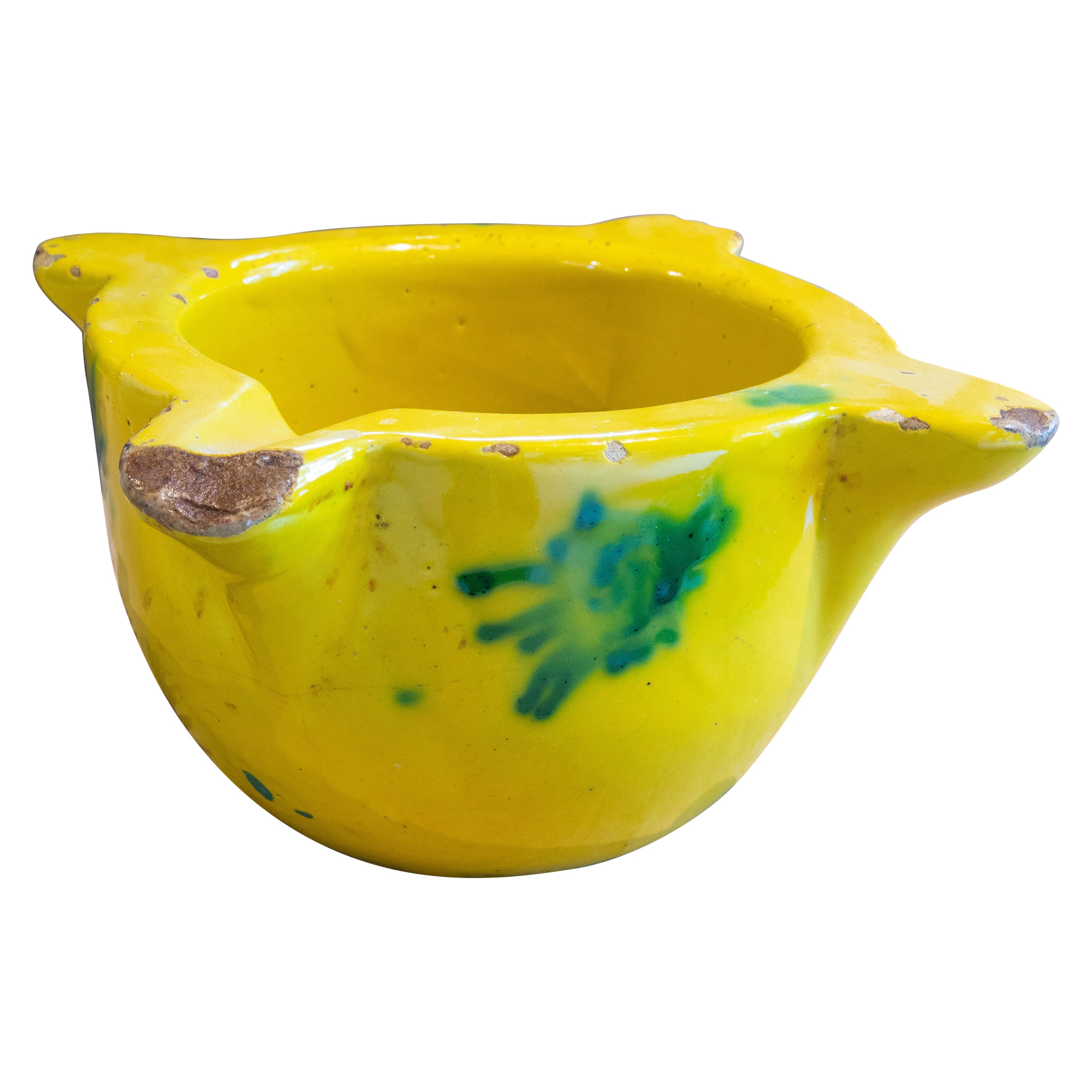 Spanischer glasierter Keramikmörser in gelber und grüner Farbe
