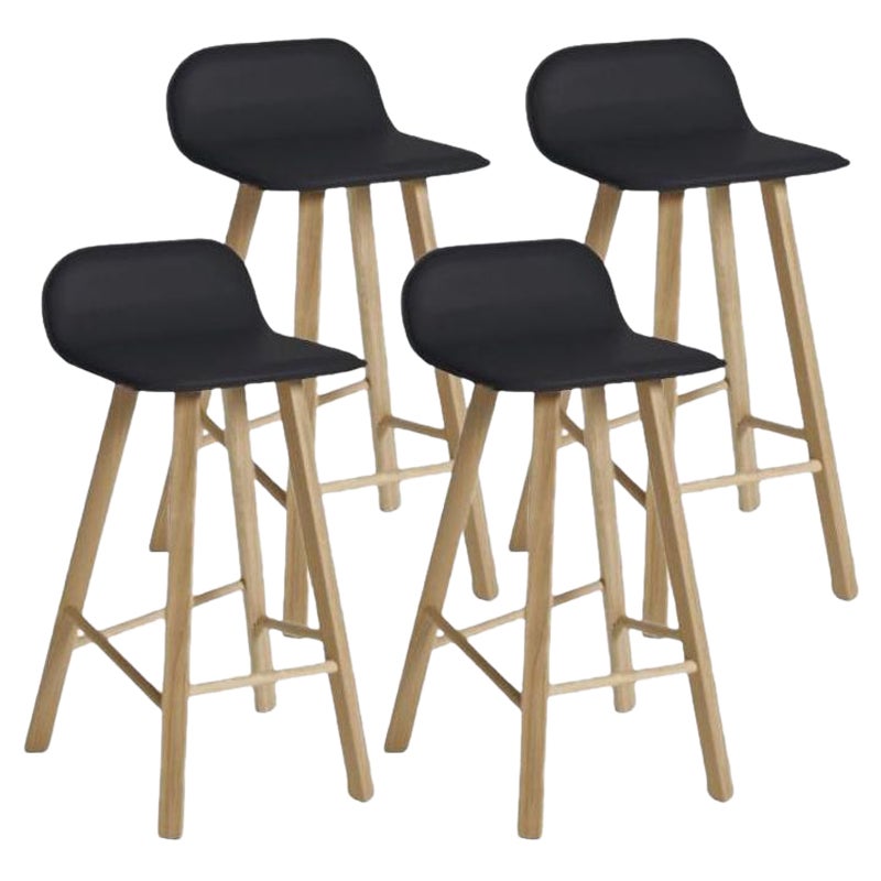 Set of 4, Tria Stool, Low Back, Leather Black by Colé Italia For Sale
