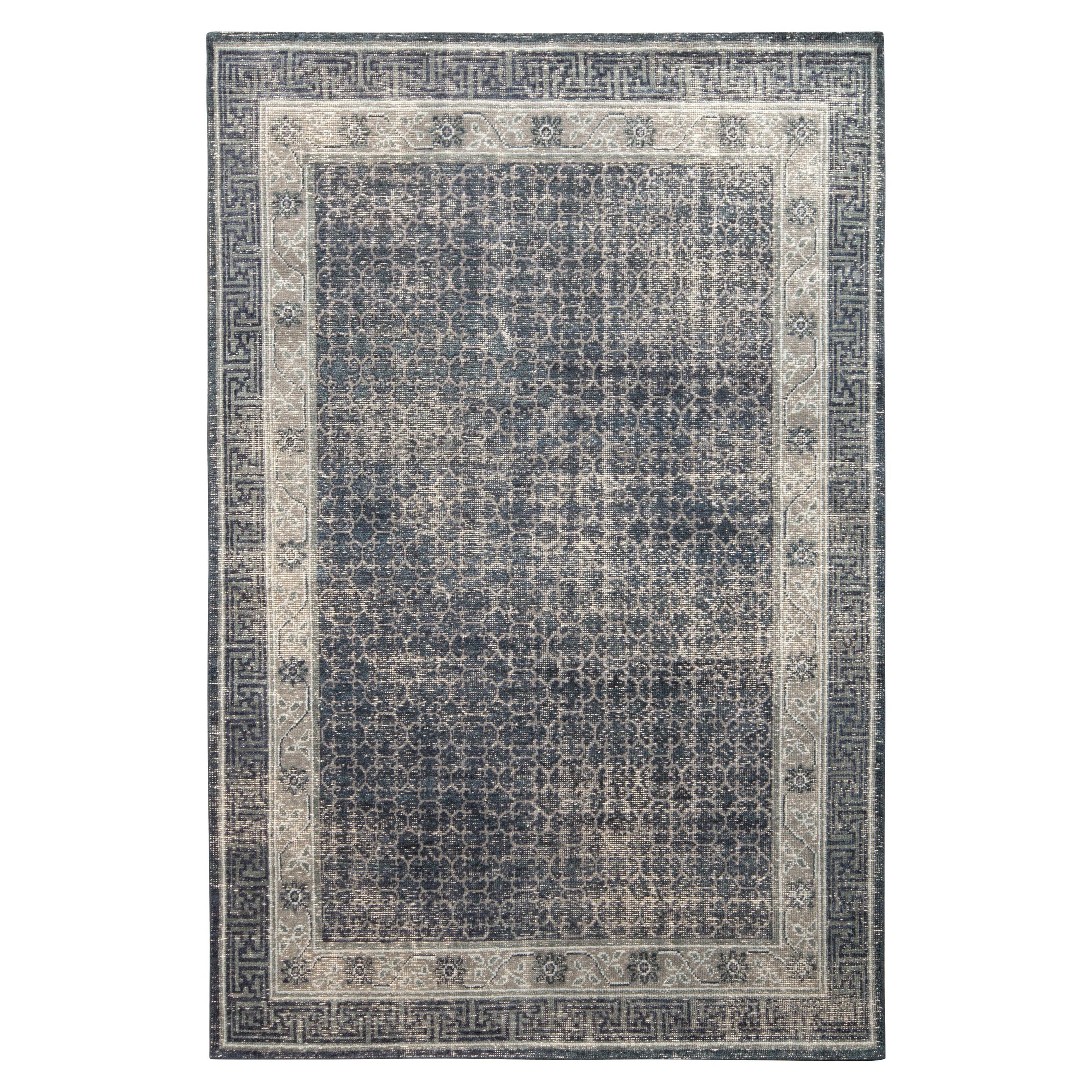 Rug & Kilim's Distressed Khotan Style Teppich in Blau, Grau Geometrisches Muster im Angebot