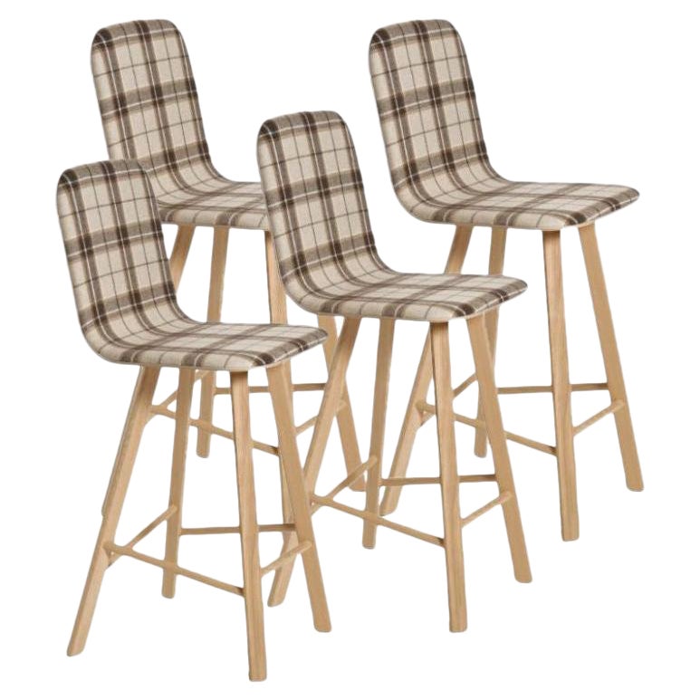 Set of 4, Tria Stool, High Back, Upholstered Wool, Tartan Beige by Colé Italia For Sale