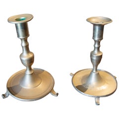 Spanish Pair of Bronze Candlesticks with Inscriptions on the Underside