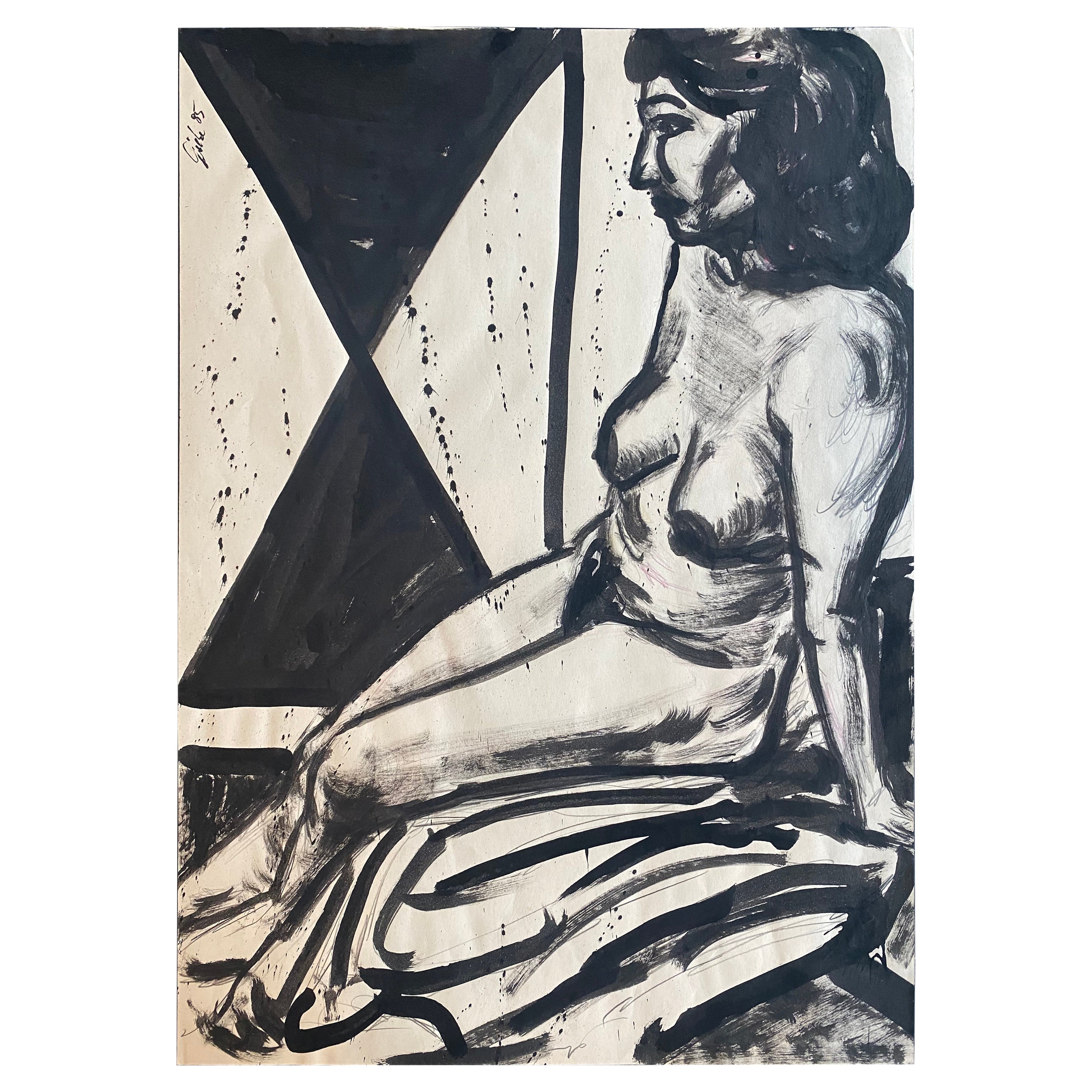 Original Ink Drawing by Hubertus Giebe, Female Nude