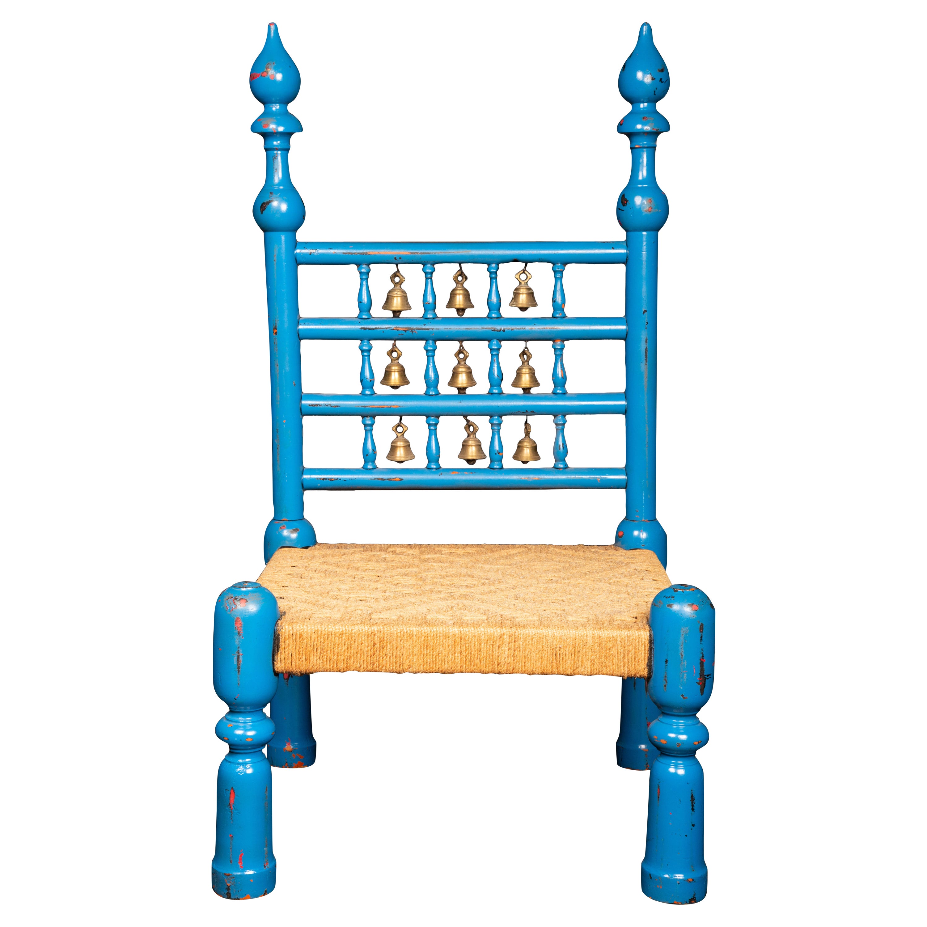 Blue Lacquer Painted Indian Chair with Bells