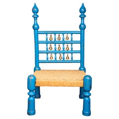 Blue Lacquer Painted Indian Chair with Bells