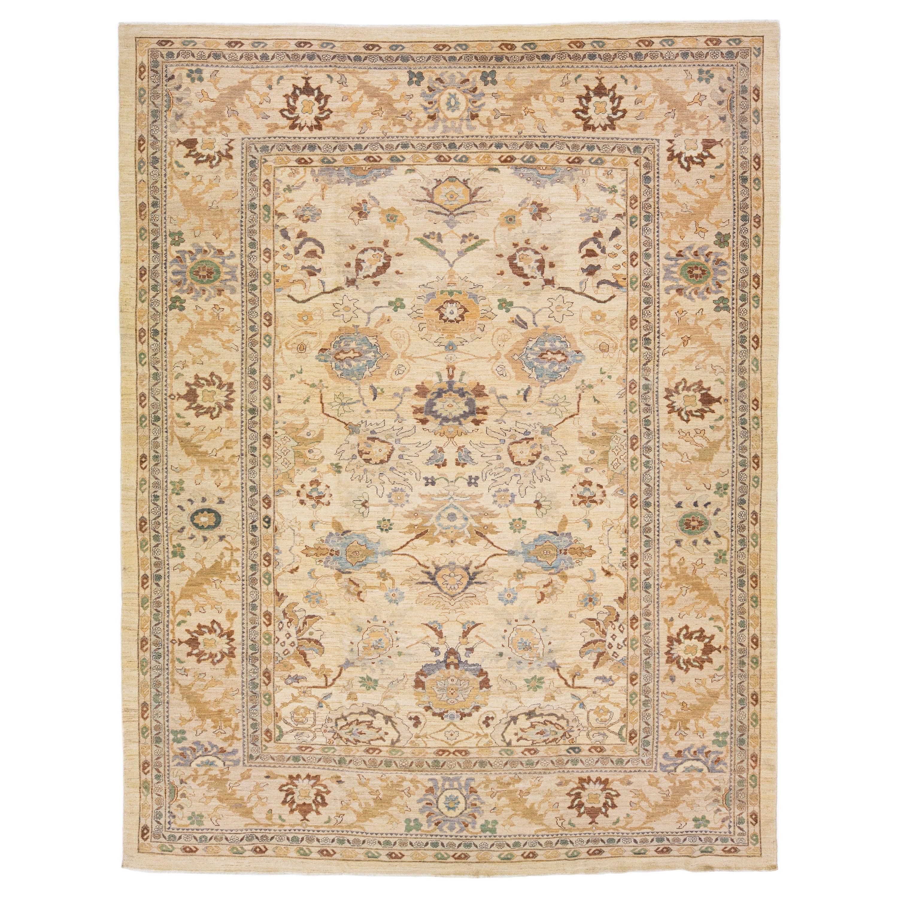 21st Century Sultanabad Beige Handmade Persian Wool Rug with Floral Motif For Sale