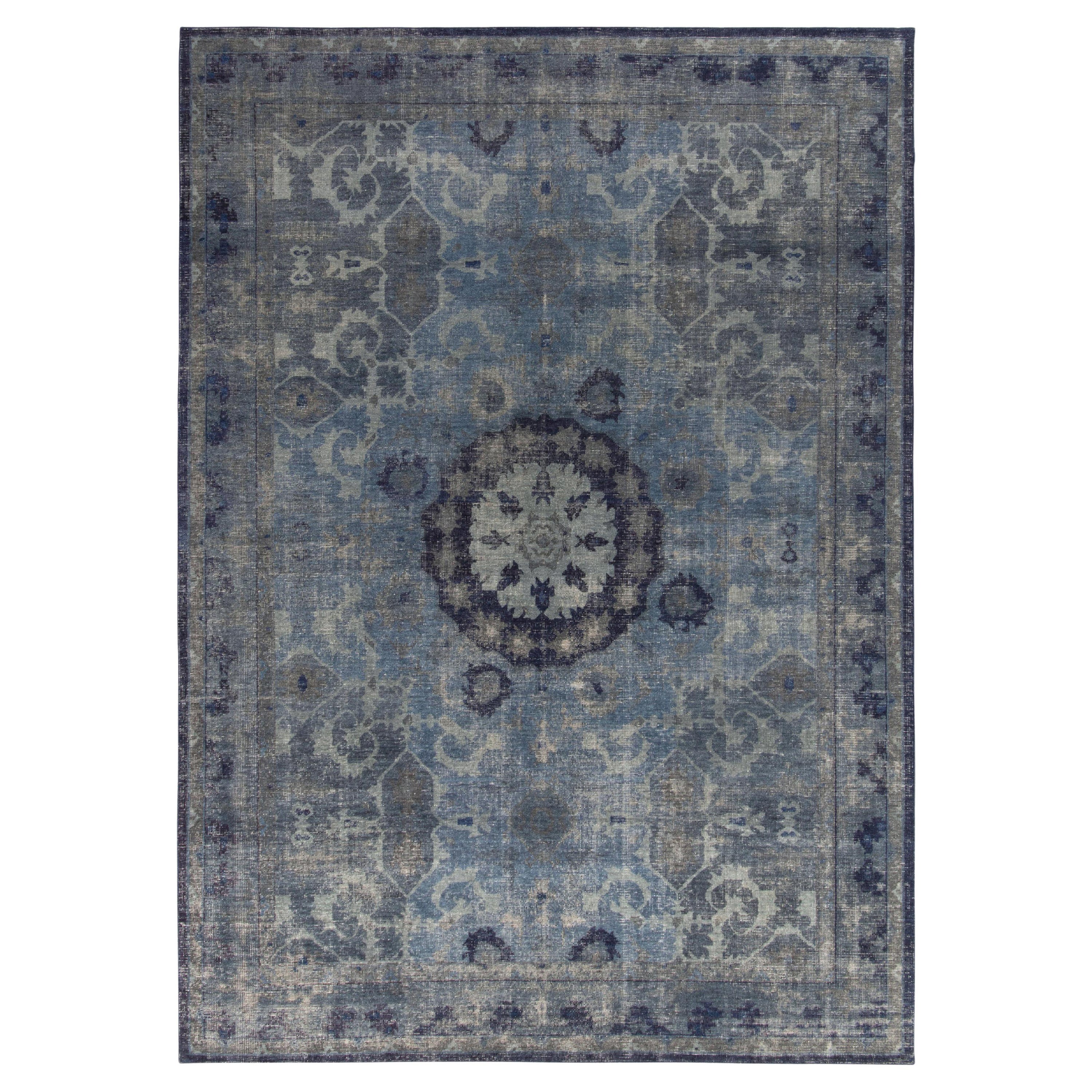Rug & Kilim’s Distressed Transitional Style Rug in Blue, Gray Medallion Pattern For Sale