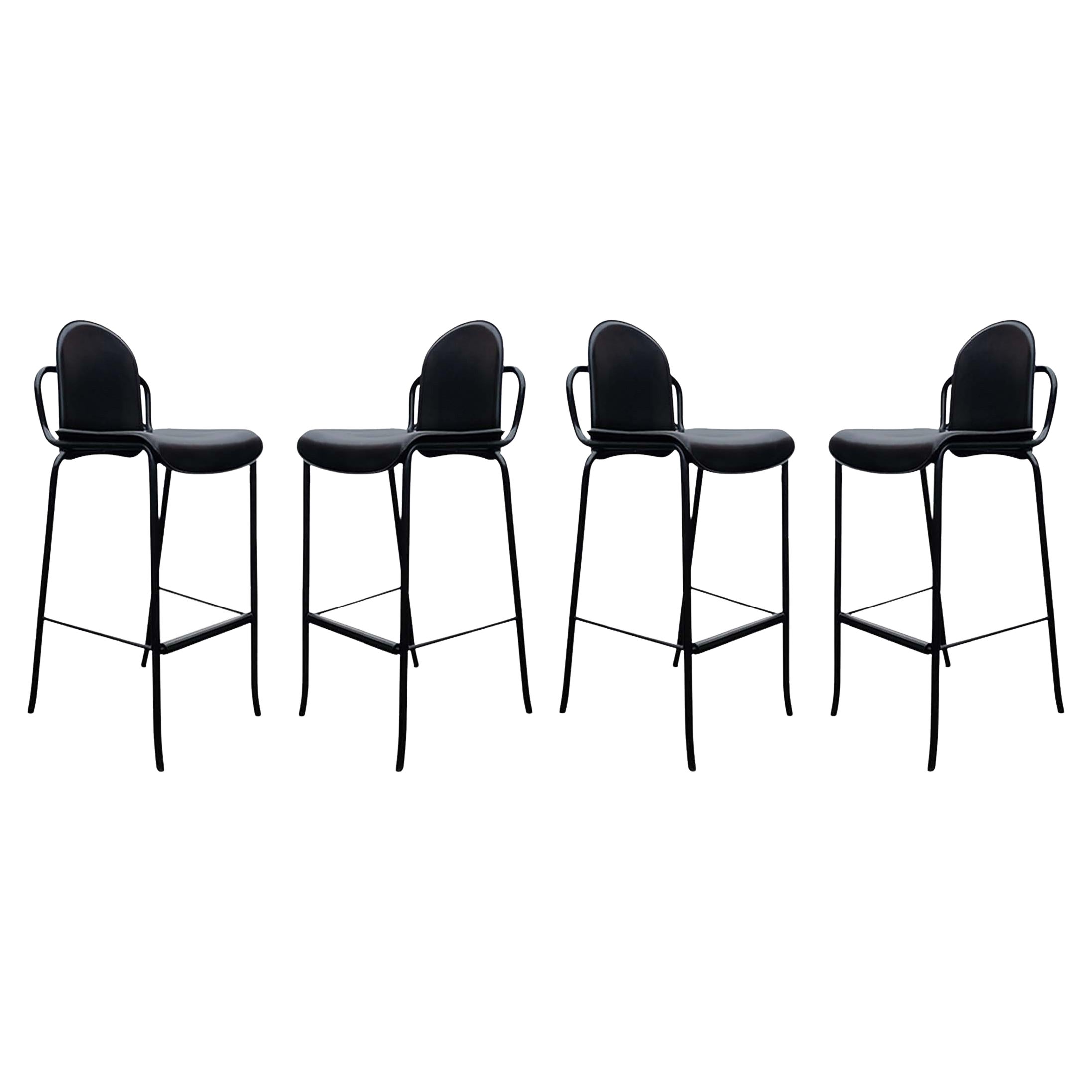 Four Willy Rizzo Style Black Leather Tubular Cidue Barstools Mid-Century Modern For Sale